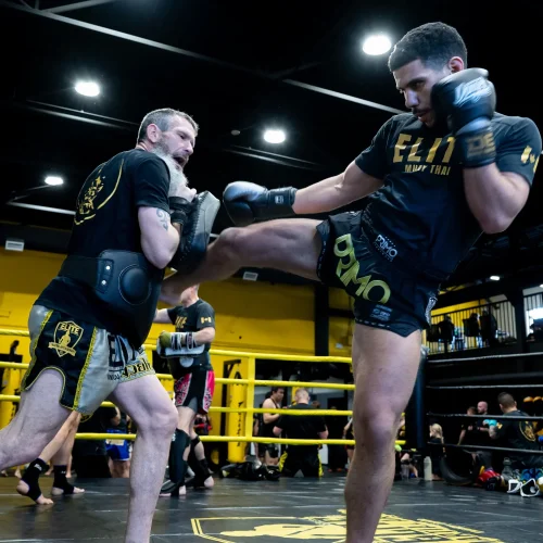 Muay Thai fighters sparring in a gym, with one delivering a powerful roundhouse kick while the other braces for impact.