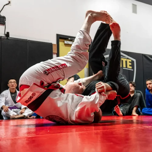 Grapplers compete in Brazilian jiu-jitsu, promoting a free trial class on a red mat