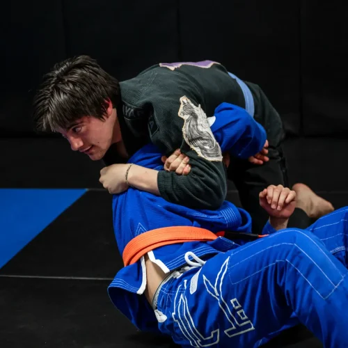 Youth jiu jitsu practitioners grapple on a mat, showcasing techniques and skill in action