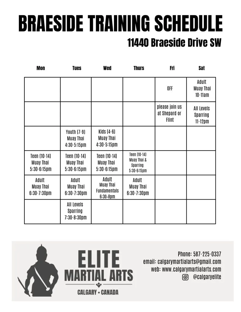 A weekly schedule outlines martial arts classes and their times