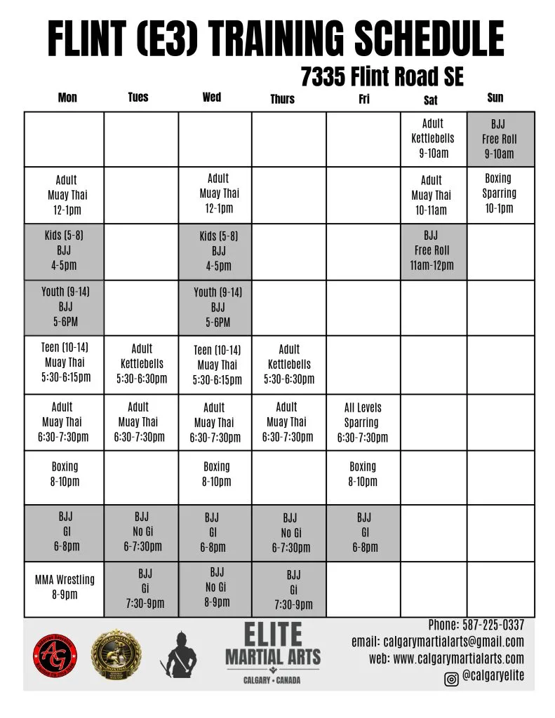 A training schedule outlines various martial arts classes and times for different age groups